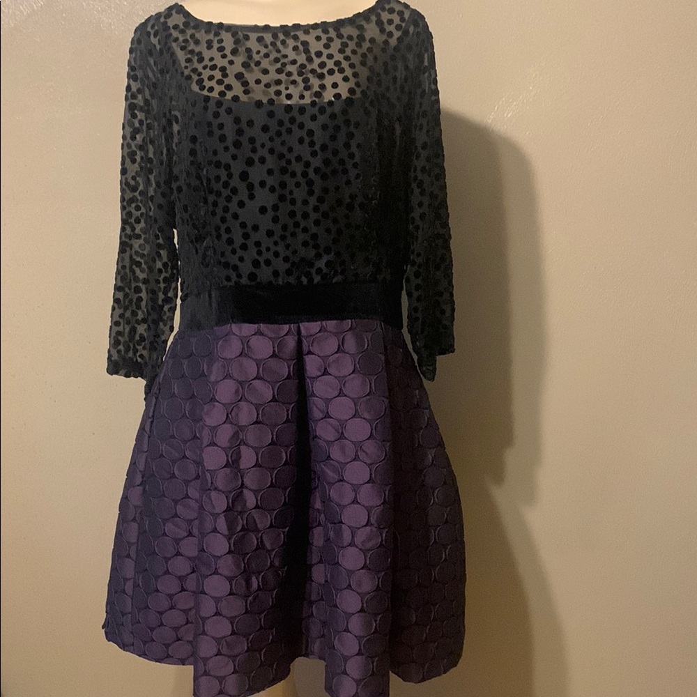 Taylor Purple 14 Pleated Skater Polka Dot Velour Pattern Cocktail Dress